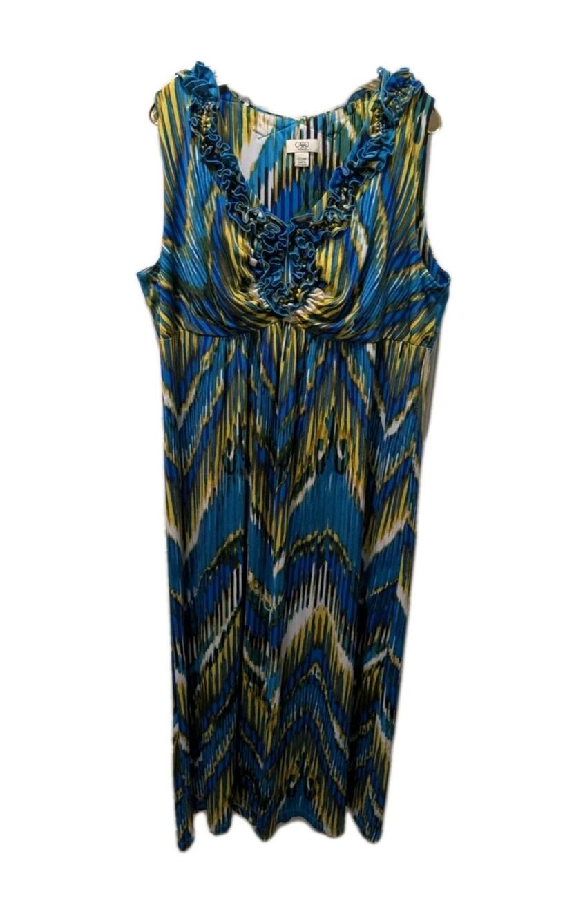 CATO Maxi Dress Womens Plus Sz. 24W Ruffled Neck Blue Green Business Church